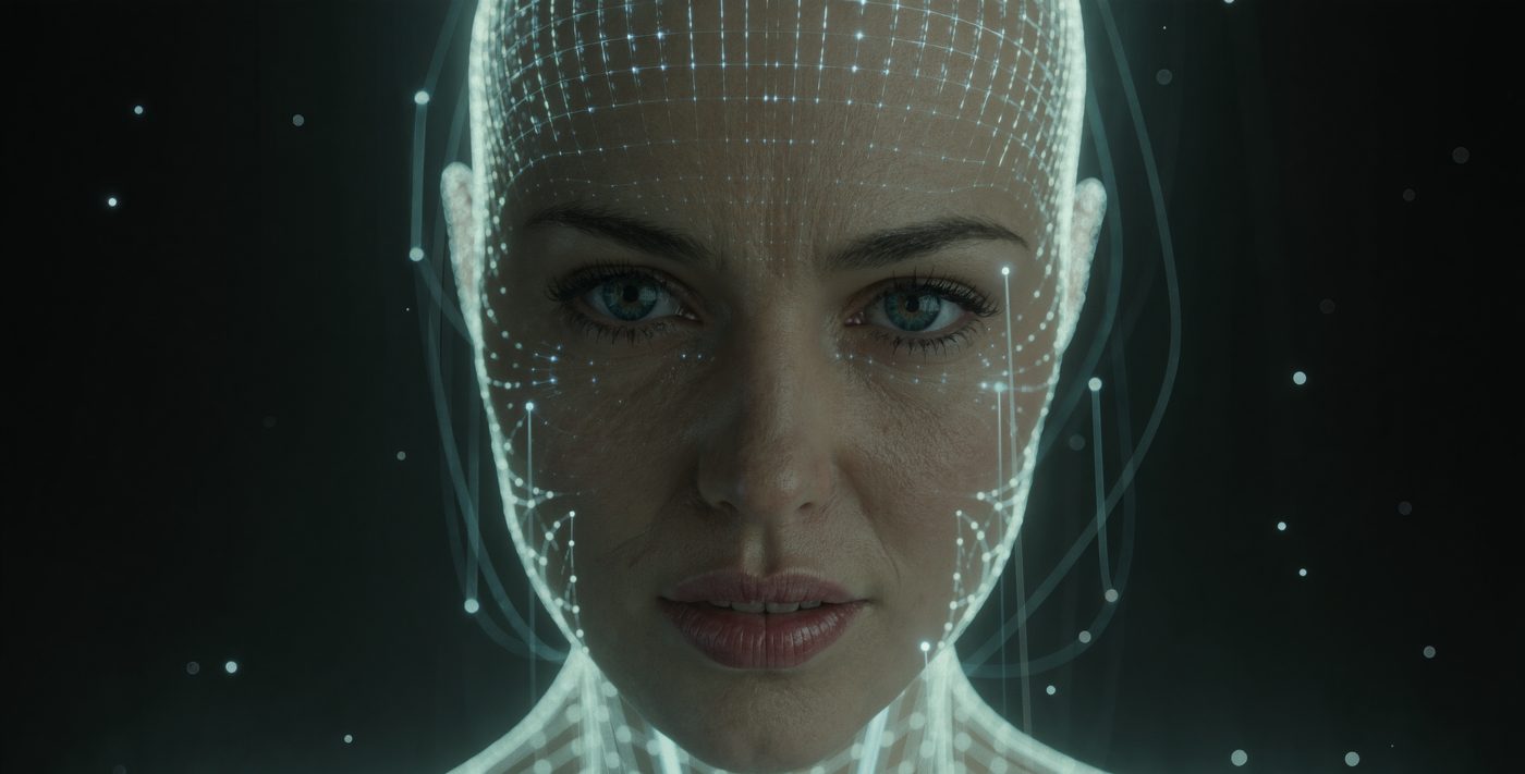 Close-up of a photoreal AI character face overlaid with a glowing neural wireframe