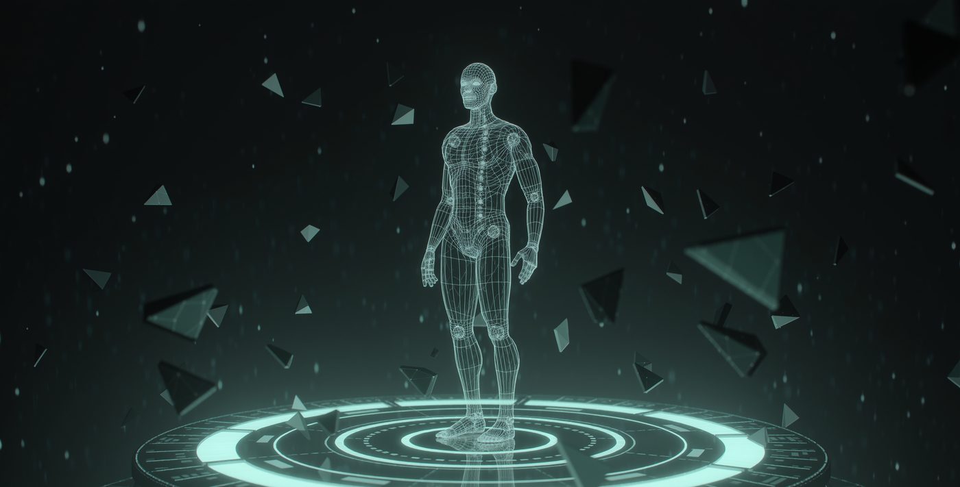 A stylized 3D humanoid character standing on a glowing turntable with a wireframe overlay