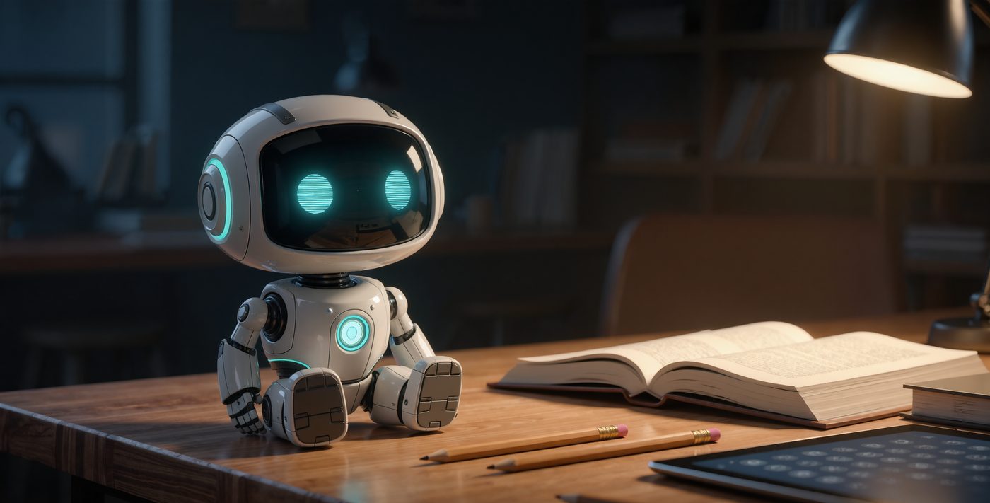 A small friendly AI robot companion sitting on a desk beside open books and a tablet
