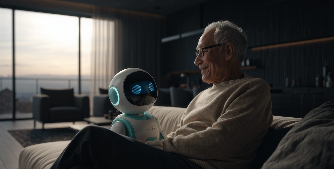 A gentle AI companion robot sitting beside a smiling elderly man in a warm living room