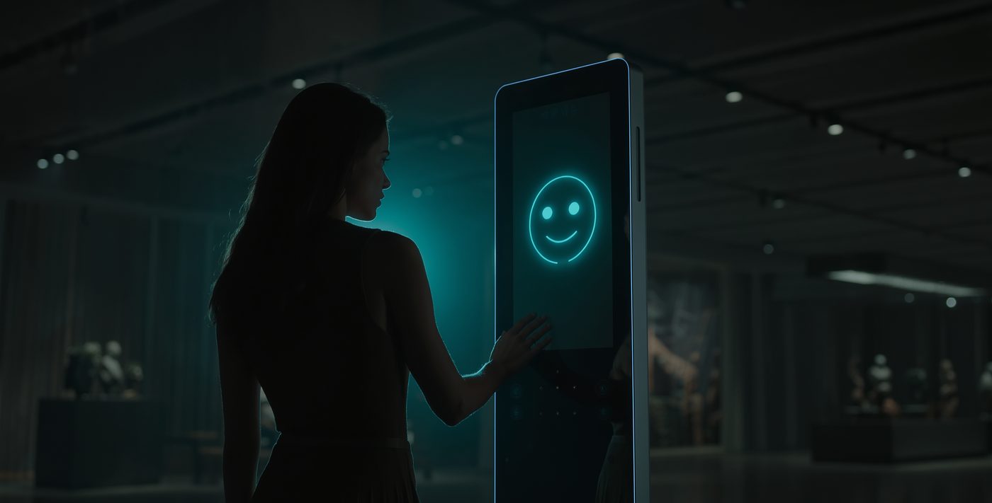 A visitor touching a tall interactive AI terminal glowing with a friendly face in a dark museum lobby