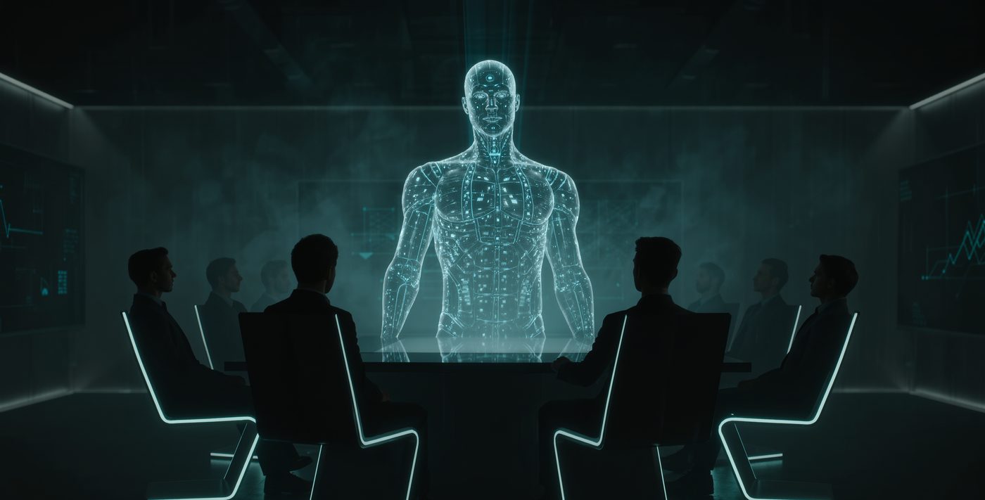 A dark training room with a holographic AI character presentation and a seated audience