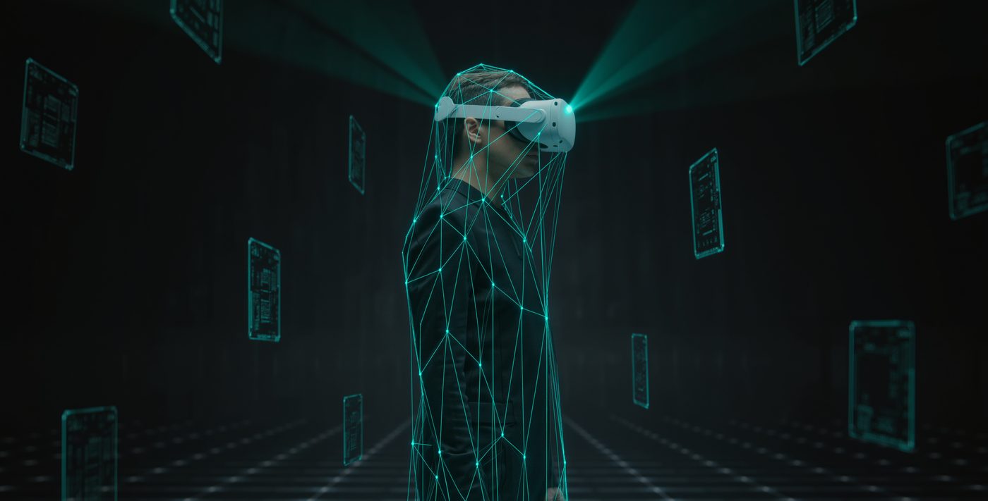 A person wearing a VR headset surrounded by a teal holographic world of wireframe geometry and floating interface panels